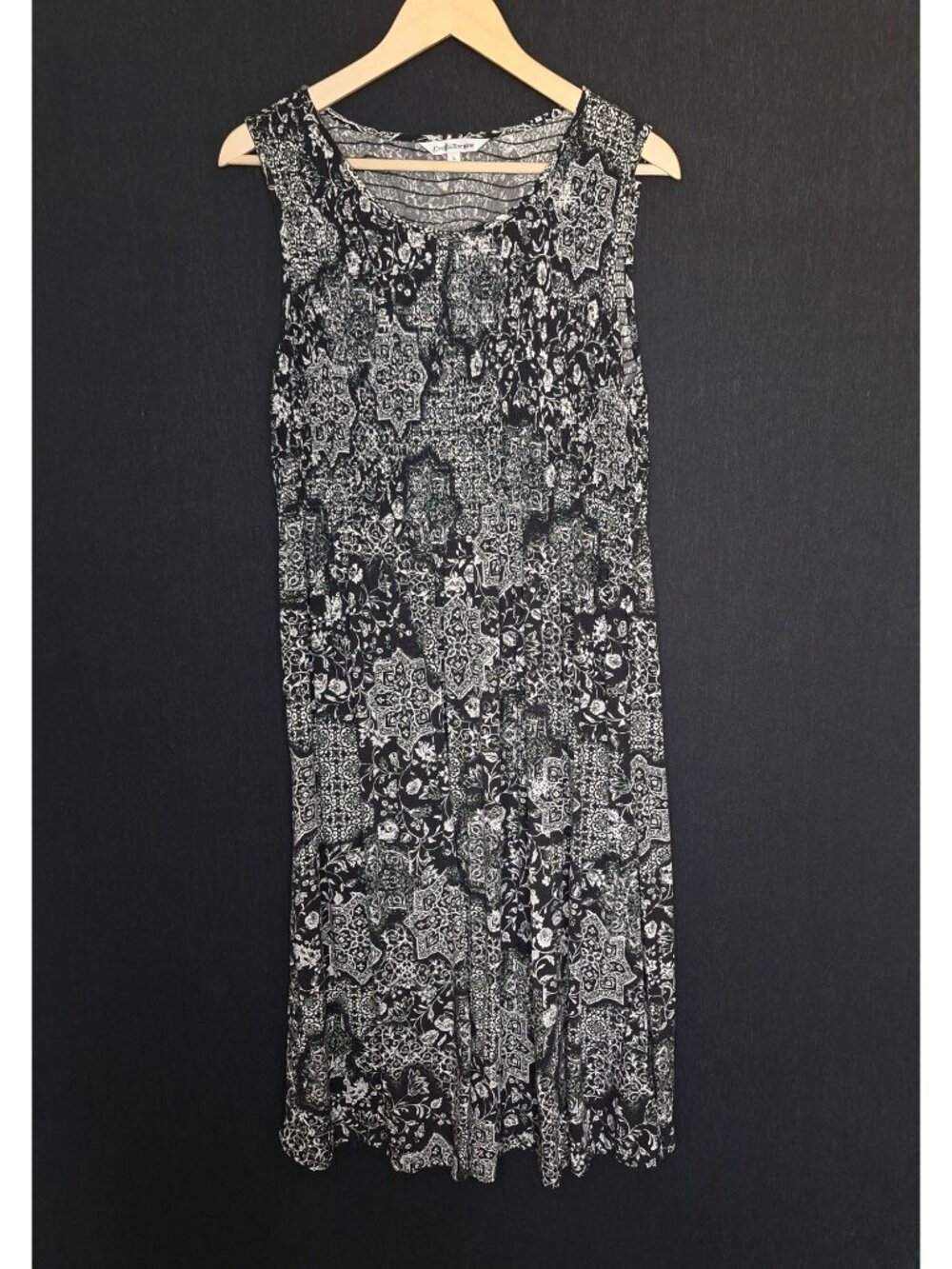 💙 Croft & Barrow Black White Paisley Floral Sleeveless Size L Stretch Midi Dres
